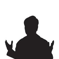Silhouette of Man Gesturing with Raised Hands on White Background vector