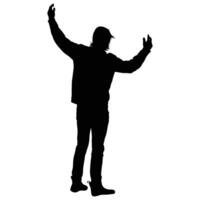 Silhouette of Standing Man with Raised Arms on White Background vector