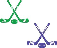 Green and Violet Crossed Hockey Sticks with Pucks on a Clean White Backdrop vector
