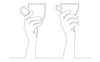 continuous one line drawing of two hands holding coffee cups. vector