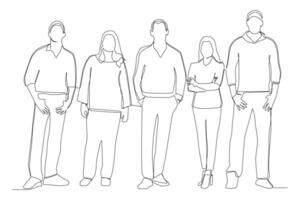 Continuous one line drawing of diverse group of standing people. vector