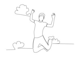 Continuous one line drawing of happy man jumping higher clouds. vector