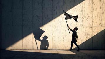 Child joyfully waves black flag in sunlight, casting striking shadow on wall, symbolizing freedom and joy in moment of expression. video