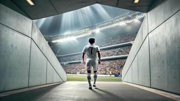 Soccer player walks onto field, ready for competition in 2026 World Cup, surrounded by vibrant crowd and dazzling stadium lights. video