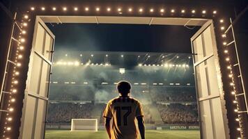 Excitement ignites as young soccer player steps onto stadium for World Cup, showcasing skills under lights in thrilling sports event. video