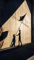 Celebration of Unity Person Waves Flag Against Textured Wall, Casting Striking Shadow in Outdoor Scene video