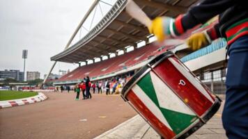 Excitement and energy fill stadium as fans gather for soccer event, where vibrant crowd and drummer create unforgettable atmosphere. video