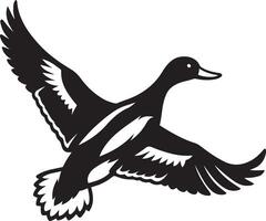 Soaring duck black and white silhouette, Flying duck bold bird illustration vector