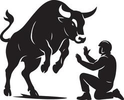 Man facing powerful bull silhouette design, Confrontation animal strength art vector