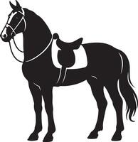 Horse with saddle silhouette black white, Riding horse side view illustration vector