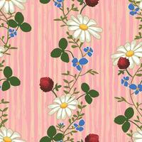 A playful vertical wildflower weave adorned with daisies, red clover, and blue speedwells on a striped background perfect for girly accessories or spring, summer branding projects. vector