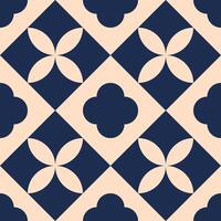 A seamless geometric tile pattern in navy blue and peach tones. Features floral-inspired shapes in a symmetrical grid layout. Ideal for modern decor, textile, or print projects. vector