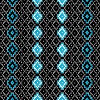 A pixel-style tribal seamless pattern with blue, black, and gray diamond shapes. Ideal for bold textile prints, digital designs, and ethnic-themed projects. vector