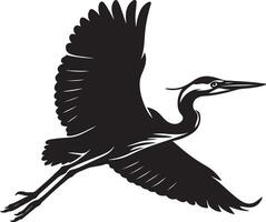 Heron in flight silhouette simple design, Flying heron black and white illustration vector