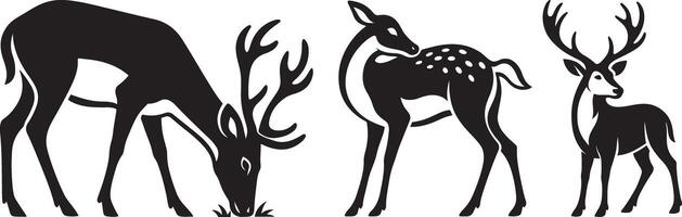 Deer grazing silhouettes peaceful scene, Forest animal trio in calm setting vector