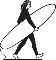 Surfer with longboard side view drawing, Walking surfer profile carrying board vector