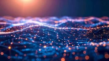 Abstract digital landscape depicting neural network lines, glowing points and interconnected pathways forming waves of data, symbolizing AI, deep learning, and machine intelligence. video