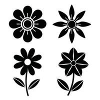 Set of four stylized flower icons, perfect for design projects, offering a minimalist aesthetic with bold black and white graphics. vector