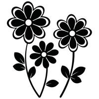 Three black silhouettes of simple flowers on stems vector