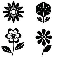 composition of four stylized flowers, rendered in stark black and white, each blooms with a central disc and surrounding petals, accompanied by simple, elegant leaves. vector