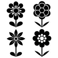 stylized flowers, rendered in stark black and white, each blooms with a central disc and surrounding petals, accompanied by simple, elegant leaves. vector