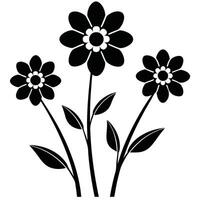 Three black silhouettes of simple flowers with leaves vector