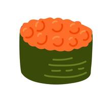 Artwork of a sushi roll topped with orange fish roe on a white background vector