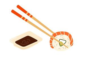 Sushi roll with shrimp and wasabi on a plate with chopsticks prepared for dining vector