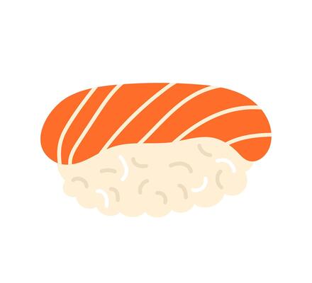 Colorful sushi piece with salmon and rice displayed on a simple background
