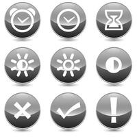 Set of 9 Time and clock linear icons set. clock, alarm clock, brightness, sun, right, wrong, exclamation icons. Isolated collection for web sites icon on grey rounded background vector