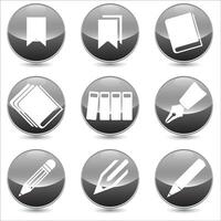 Set of 9 stationery linear icons. books, files, pen, pencil, bookmark etc. icons. Isolated collection for web sites icon on grey sphere rounded background vector