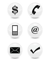 Set of 6 stationery linear icons. email, phone, mobile, communication, tick icons. Isolated collection for web sites icon on light grey sphere rounded background vector