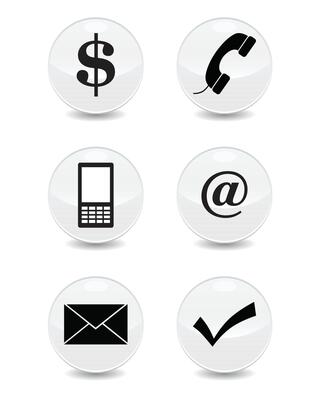 Set of 6 stationery linear icons. email, phone, mobile, communication, tick icons. Isolated collection for web sites icon on light grey sphere rounded background