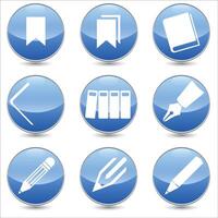 Set of 9 stationery linear icons. books, files, pen, pencil, bookmark etc. icons. Isolated collection for web sites icon on blue sphere rounded background vector