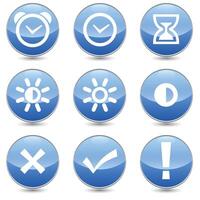 Set of 9 Time and clock linear icons set. clock, alarm clock, brightness, sun, right, wrong, exclamation icons. Isolated collection for web sites icon on blue sphere rounded background vector