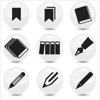 Set of 9 stationery linear icons. books, files, pen, pencil, bookmark etc. icons. Isolated collection for web sites icon on light grey sphere rounded background vector