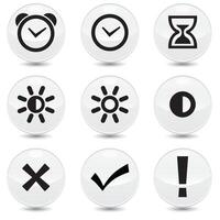 Set of 9 Time and clock linear icons set. clock, alarm clock, brightness, sun, right, wrong, exclamation icons. Isolated collection for web sites icon on light grey sphere rounded background vector