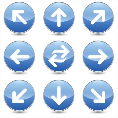 Set of 9 arrows linear icons set. right, left, up, down etc icons. Isolated collection for web sites icon on blue sphere rounded background