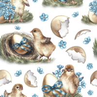 Easter seamless pattern with hatched chickens, decorated with nest eggs and forget-me-nots. The illustration is made in handmade watercolor. For textiles, prints, wrapping paper, napkins, tablecloths. png
