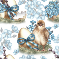 Easter seamless pattern with hatched chickens, decorated with eggs and forget-me-nots. The illustration is made in handmade watercolor. For textiles, prints, wrapping paper, napkins, tablecloths. png