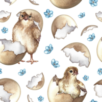 Easter seamless pattern with hatched chicks and forget-me-nots. The illustration is made in handmade watercolor. For textiles, prints and wrapping paper, napkins and tablecloths, and more. png