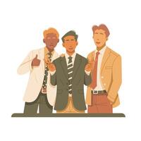 three businessman posing and happy expression for take photo together isolated illustration vector