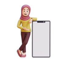 3D muslim girl character with hijab laying and presenting on a big smart phone with empty screen png