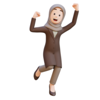 3D muslim business woman character is jumping up with happy and excited png