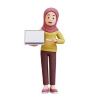 3D muslim girl character with hijab holding and presenting to a laptop with empty screen png