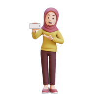 3D muslim girl character with hijab holding and presenting to a smart phone with empty screen png
