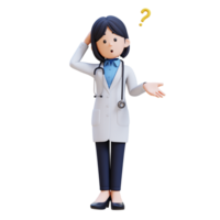 3D Woman Doctor Character in a white lab coat is standing and confuse with question mark png