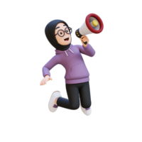 3D render muslim girl character is holding a megaphone and jumping png