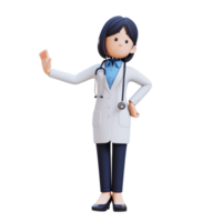 3D Woman Doctor Character in a white lab coat is standing refusing with stopping gesture png