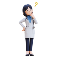 3D Woman Doctor Character in a white lab coat is looking at something and thinking png